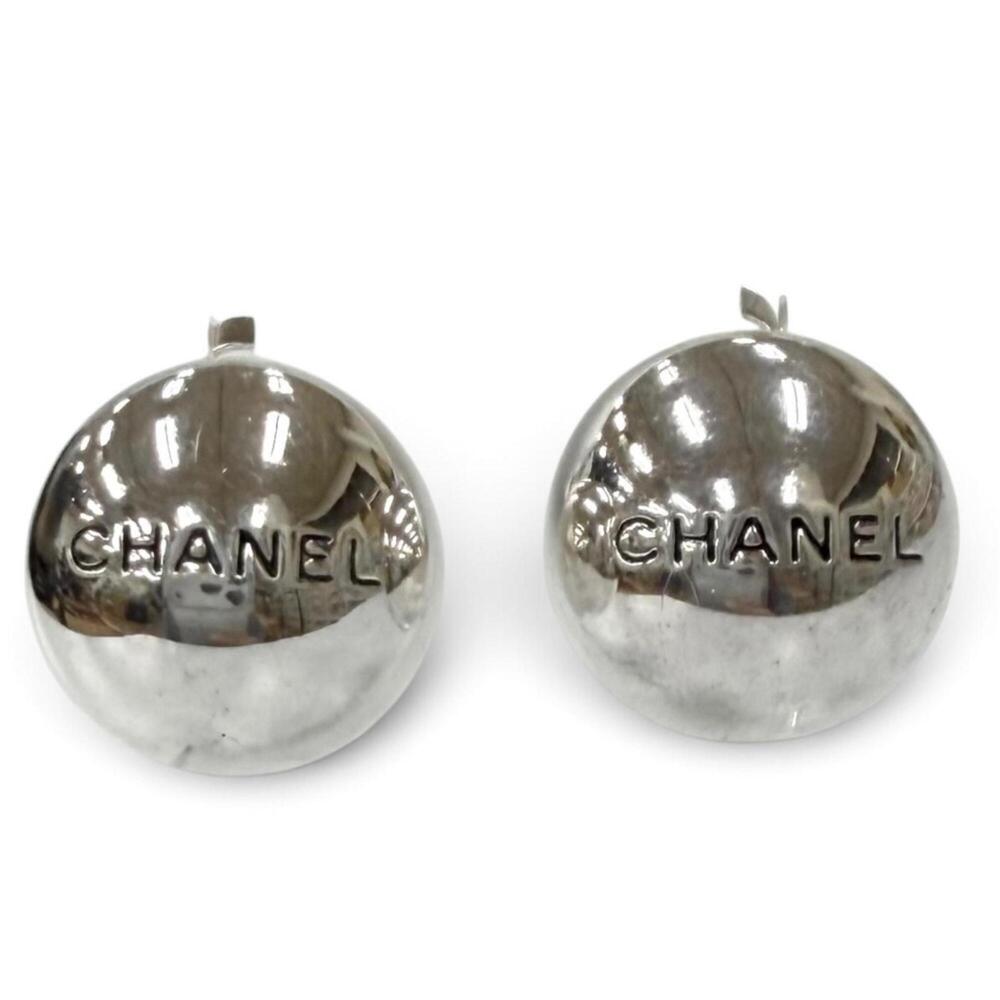 CHANEL Vintage 98P Logo Design Round Earrings, Silver, Made in France, Women's
